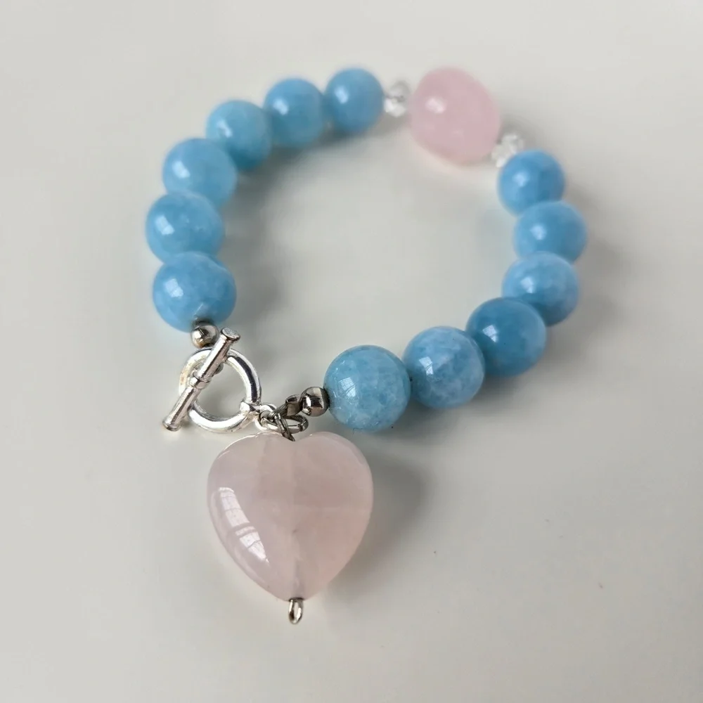 Chic Blue and Pink Beaded Bracelet with Heart Charm